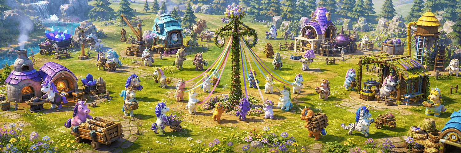 The Unicorn Place settlement filled with Unicorn workers, workshops, crystals, and a ribbon-covered ritual pole