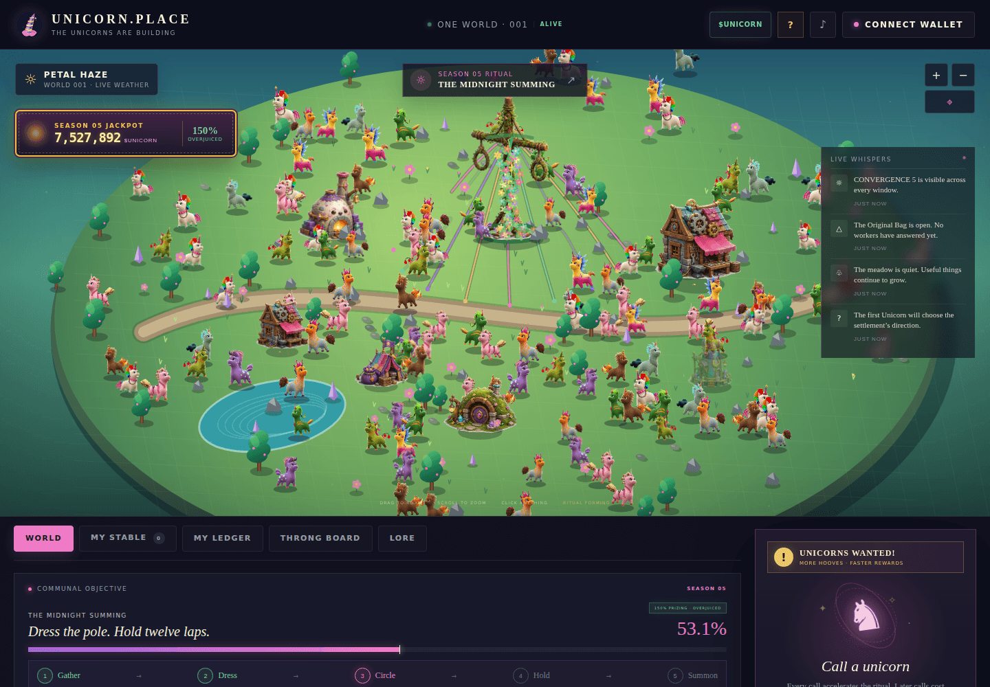 The live Unicorn Place interface showing World 001, its Unicorn workers, season jackpot, and communal objective