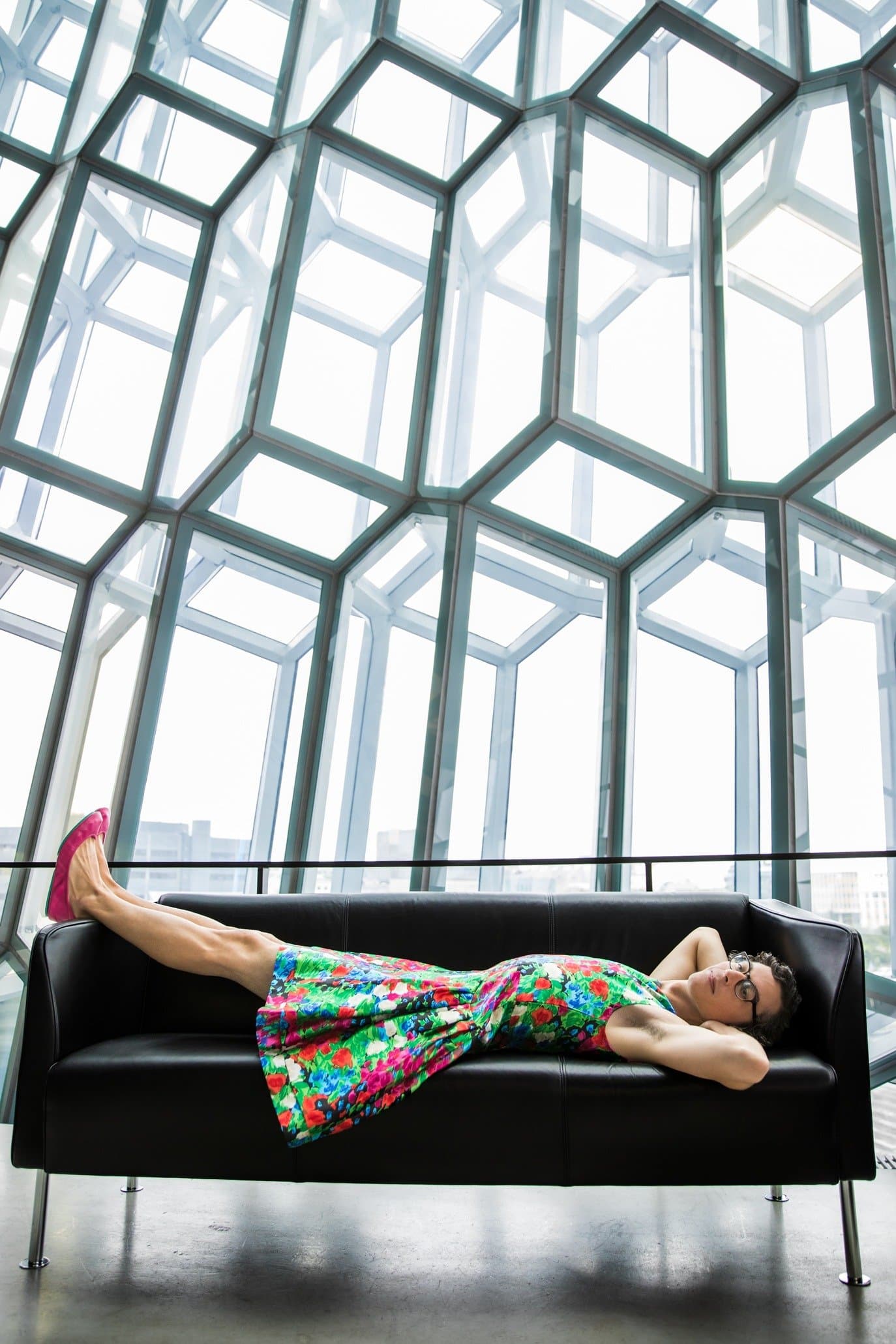 Seated on couch in Harpa lounge