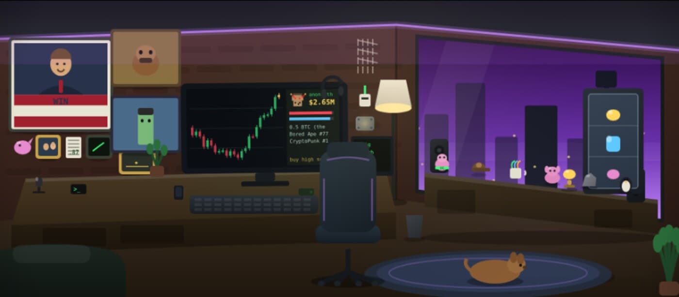 The room in a winning run — neon skyline, NFT collection framed on the wall, a dog asleep on the rug, portfolio at $2.65M